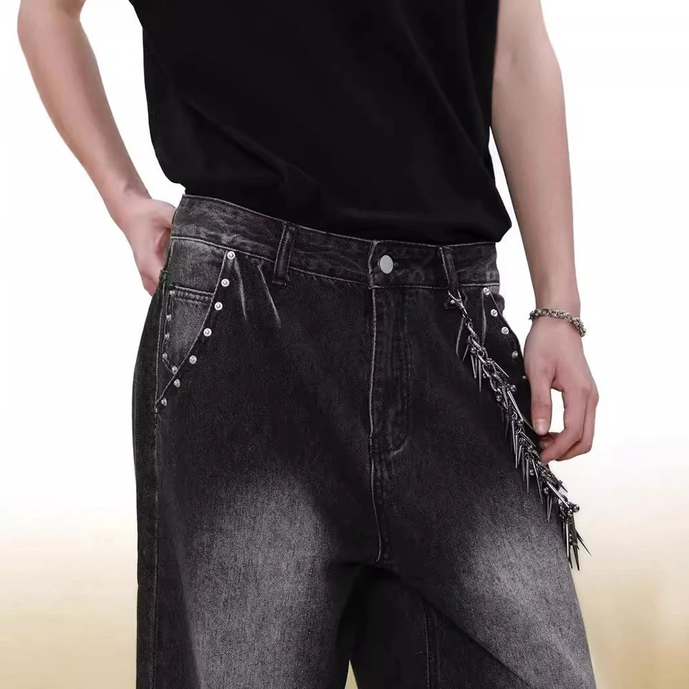 Hearujoy American Street Retro Washed Rivet Design Niche Jeans Men Autumn And Winter New Fashion Straight Wide-Leg Mopping Trousers Men