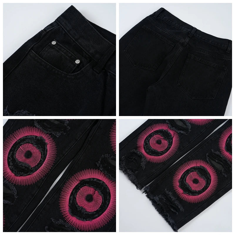 Hearujoy Y2k Streetwear Embroidered Ripped Wide Jeans for Men Washed Destroyed Torn Flared Jean Male Tassels Hip Hop Jeans Pants Baggy