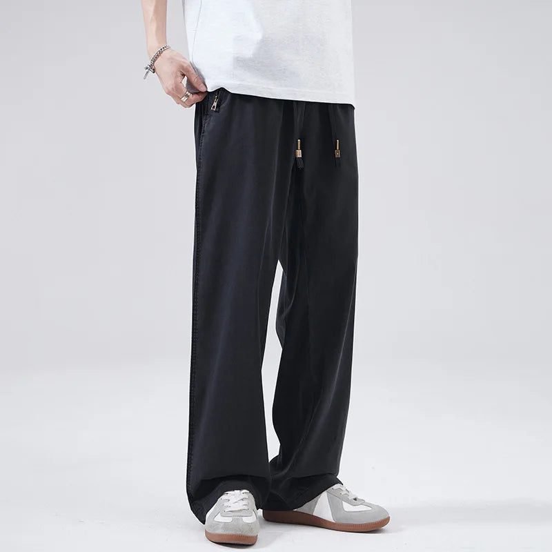 HEARUJOY  -  Men's Summer Casual Pants Men Trendy Loose Fit Versatile Wide Leg Draped Straight Long Trsouers Elastic Waist