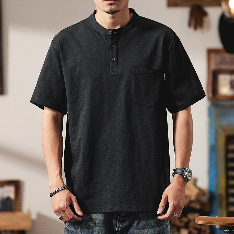 HEARUJOY  -  Summer Men Heavyweight Short Sleeve T-shirt High Quality Sold Color Button Slim-Fit Henley T-Shirts with Pocket