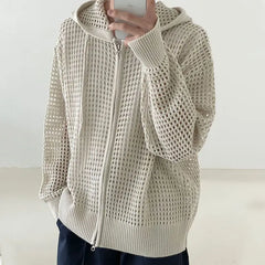 Hearujoy Autumn Niche Hollow Knitted Sweater Men Cardigan Hooded Zipper Long-sleeved Korean Style Trendy Design Sweater Men Cardigan Coat