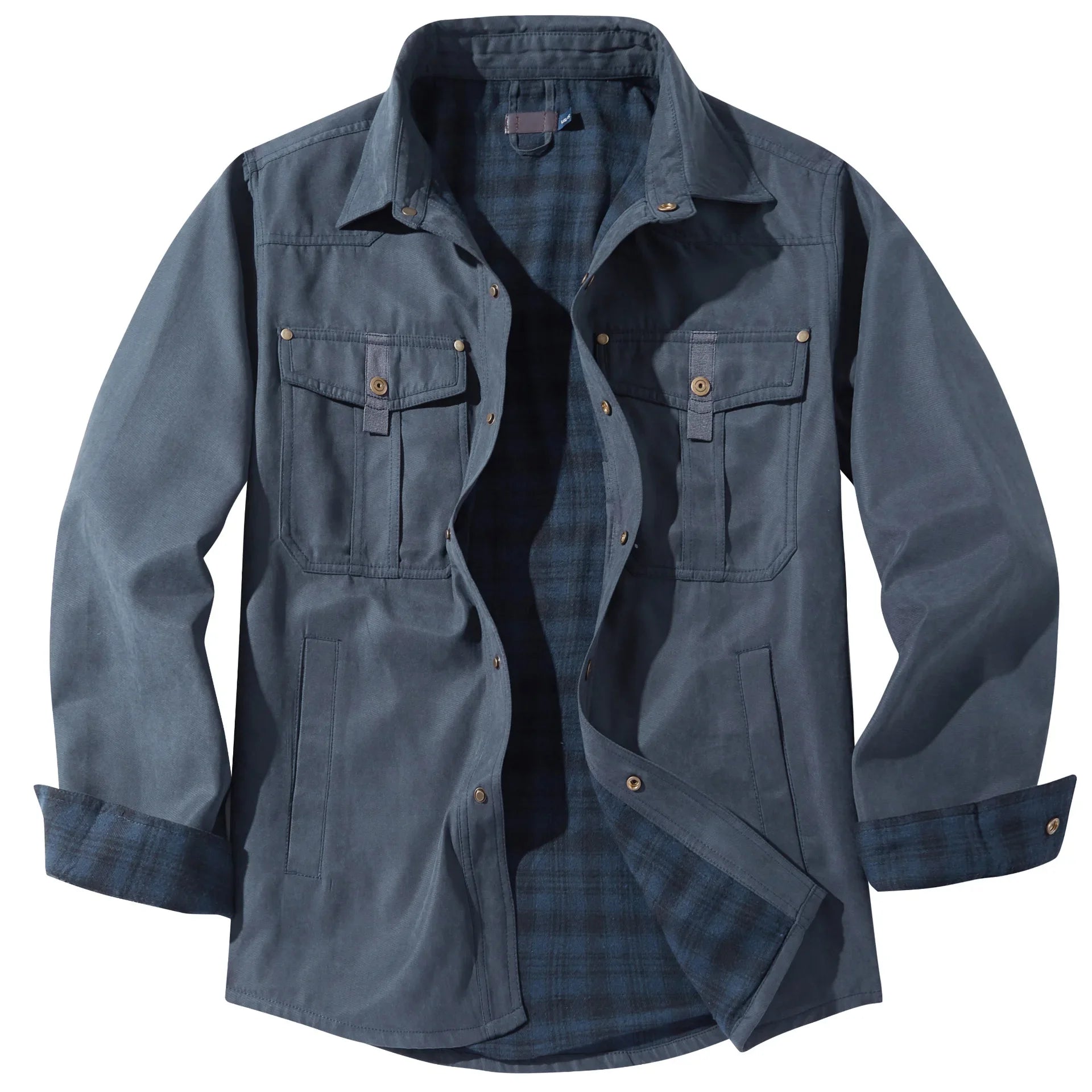 HEARUJOY  -  American Size Men's Plus-size Lapel Plaid Flannel Casual Shirt Jacket Retro Western Style Reversible Jacket