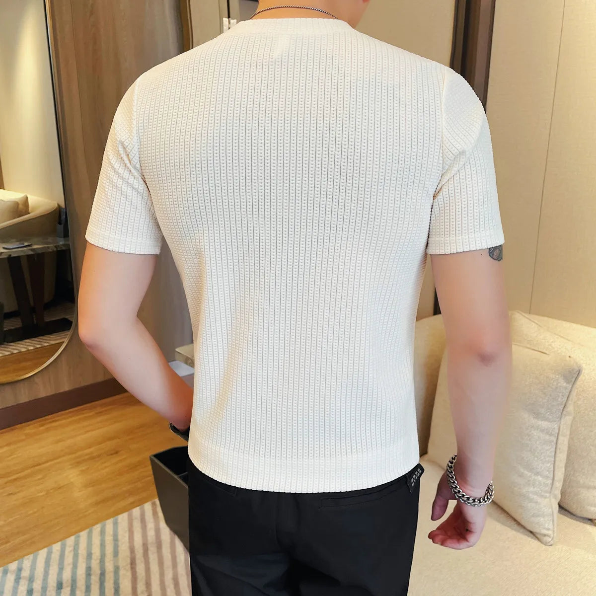 HEARUJOY  -  Men's Slim Stretch O-Neck Tee Trio | Breathable Knit T-Shirts in Black, White & Camel Fashion Men's Everyday Joker Top