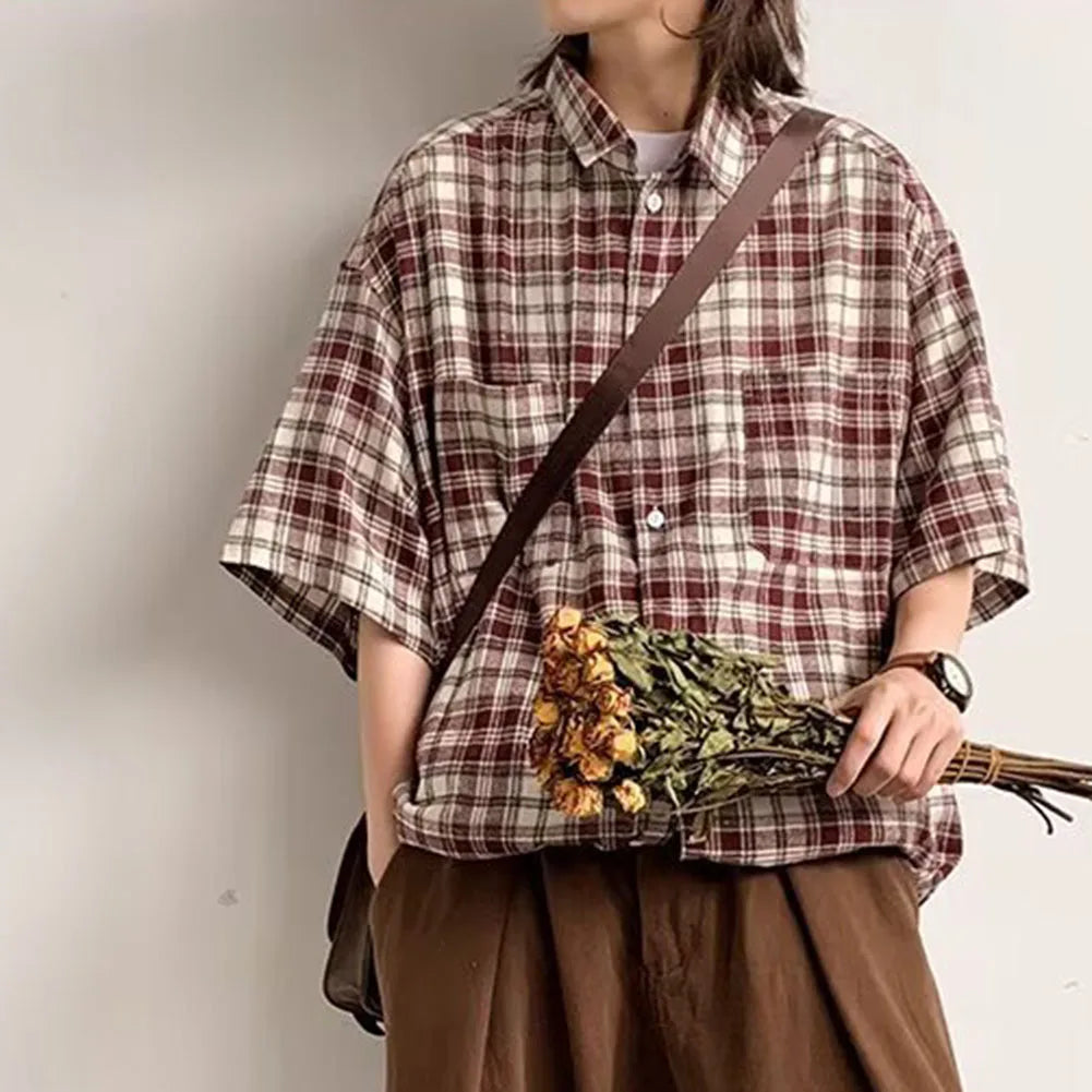 HEARUJOY  -  Plaid Shirt For Men Casual Couple Loose Mens Shirt Polyester Fabric Slight Stretch All Seasons Applicable Male