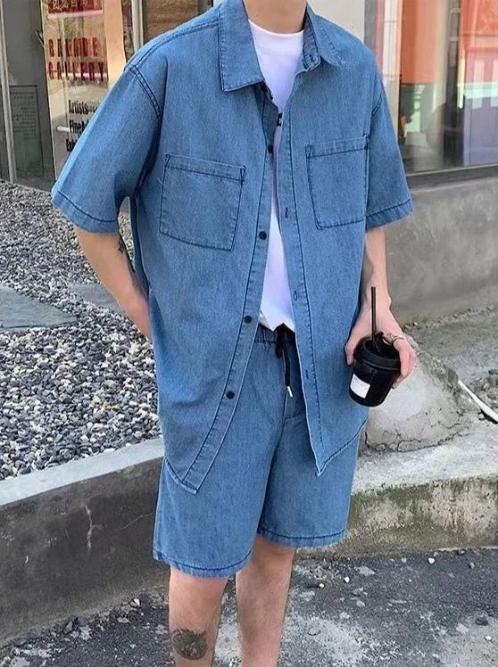 HEARUJOY  -  Japanese Man Sets Work Clothes Loose Cool Two-piece Set New in Matching Elastic Baggy Korean Stylish Shirts Shorts Suits for Men