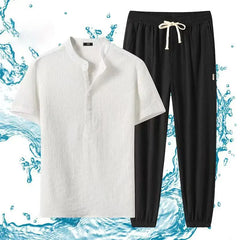 HEARUJOY  -  Summer New Loose Two Piece Set Men's Short-sleeved T-shirt Pants Korean Wrinkle Sports Casual Suit Trend Men Clothes
