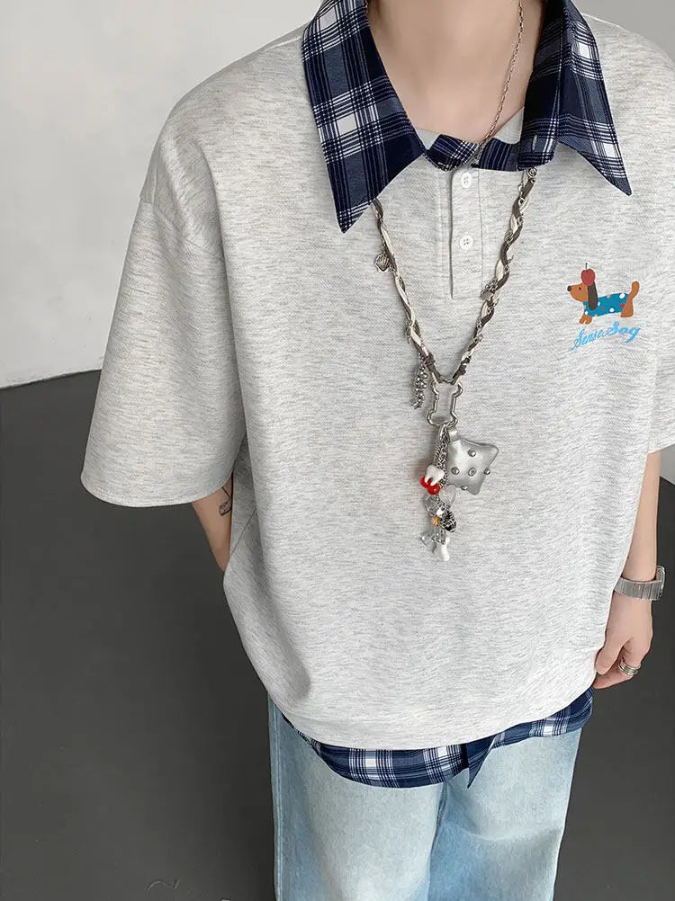 HEARUJOY  -  Dog Embroidery Plaid Polo Short Sleeve T-Shirt 2025 Summer Retro Couple T-shirts Splicing Fake Two Pieces Simple Tops