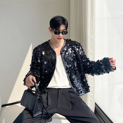 Hearujoy Shiny Sequins Jacket for Men Black Silver Sparkle Long Sleeve Casual Bomber Jacket Male Party Club Fashion High Street Coats