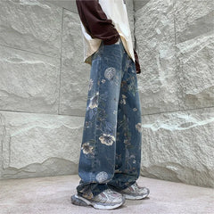 Hearujoy Mens Fashion Printed Jeans 2024 Spring Floral Denim Mopping Trousers Korean Style High Street Loose Hip Hop Wide-leg Jean Pants