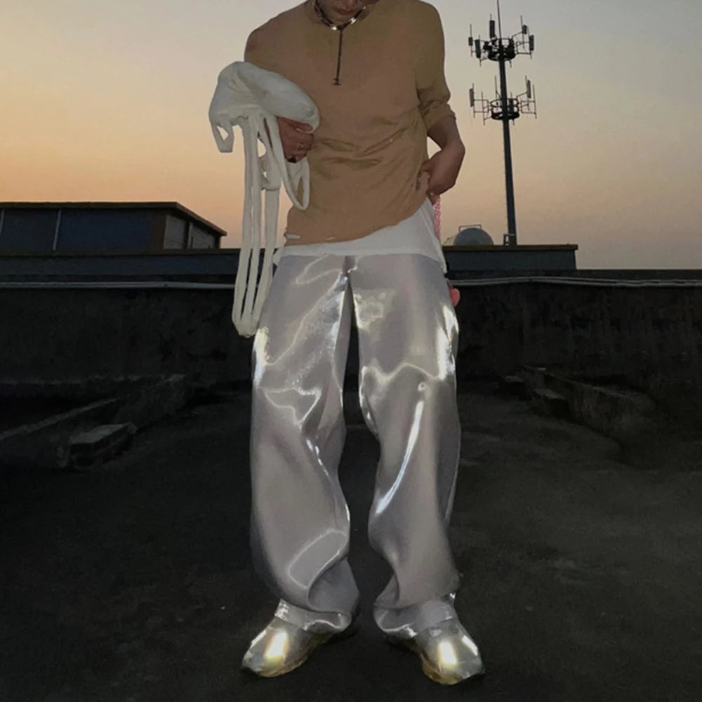 Hearujoy Y2k Street Glossy Satin Trousers Men's Spring and Summer Loose Casual Pants Tide Brand Fashion Solid High Waist Wide Leg Pants