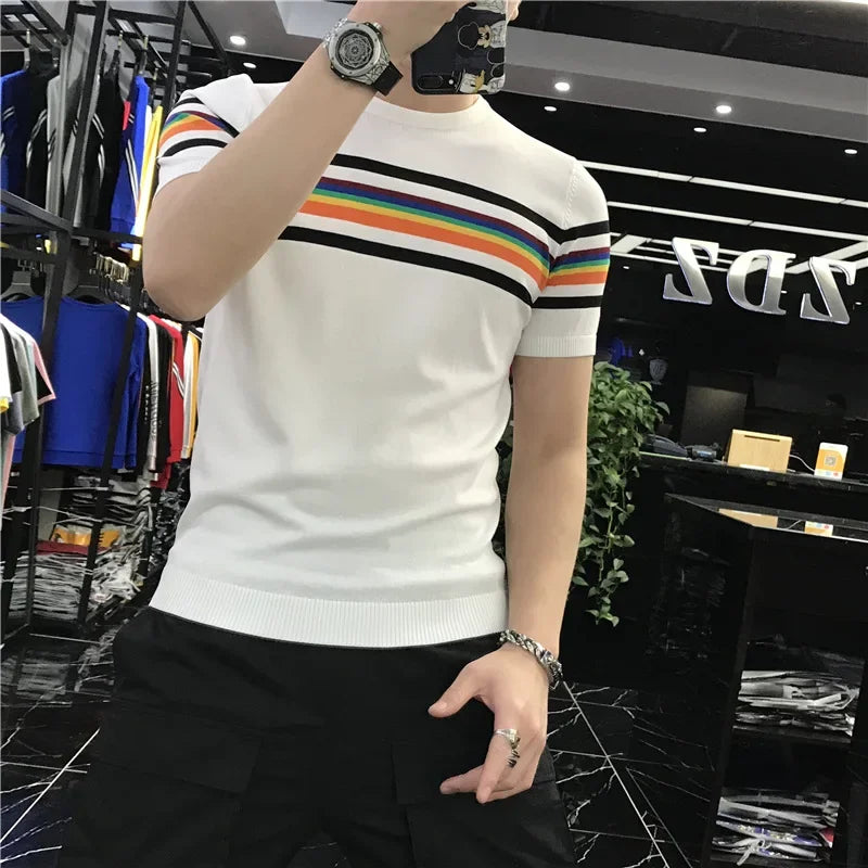 Hearujoy Summer New Men's Trendy Ice Silk Knit Striped Short Sleeve T-shirt Slimming Effective Cooling Half Sleeve T-shirt