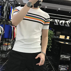 Hearujoy Summer New Men's Trendy Ice Silk Knit Striped Short Sleeve T-shirt Slimming Effective Cooling Half Sleeve T-shirt