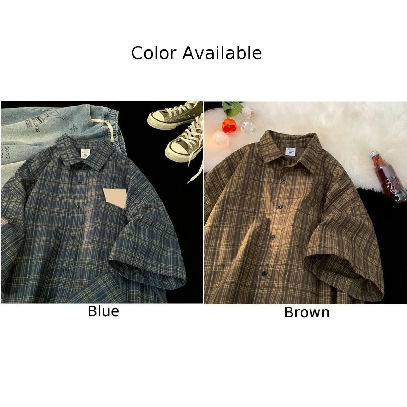 HEARUJOY  -  Couple Summer Tops Loose Short Sleeve Shirt Daily Casual Wear Plaid Pattern Shirt Vacation Outfits For Daily Wear