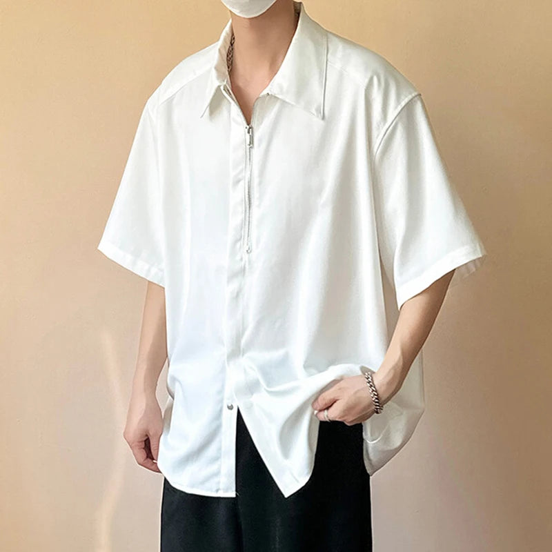 HEARUJOY  -  New Trendy Men's Shirts Half Zippers Design Solid Color Button Solid Color Lapel Short Sleeved Loose Male Shirt 24K4644