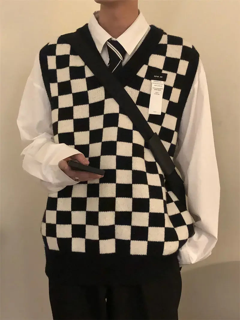 HEARUJOY  -  Waistcoat Plaid Green V Neck Sleeveless Knitted Sweaters for Men Black Man Clothes Vest Ugly Cotton Pull Oversize Sheap T Shirt