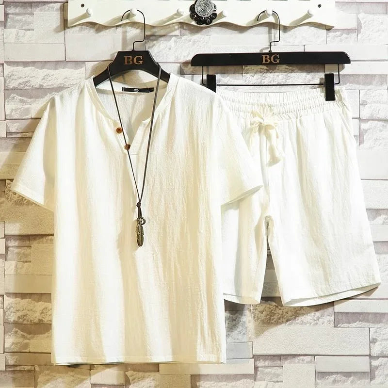 HEARUJOY  -  Cotton Linen T-shirts Shorts Suits for Men V-neck Plain Sports Novelty in New Tops & Tees Aesthetic Kpop Regular Fit Man Sets