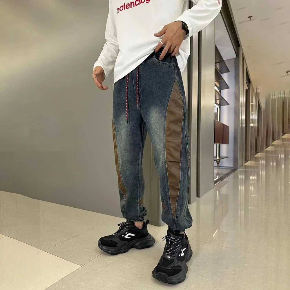 Hearujoy Mens Street Hip-Hop Y2k Jeans Autumn New Fashion Trend Contrast Color Stitching Trousers Loose Slim Elastic Waist Harem Pants