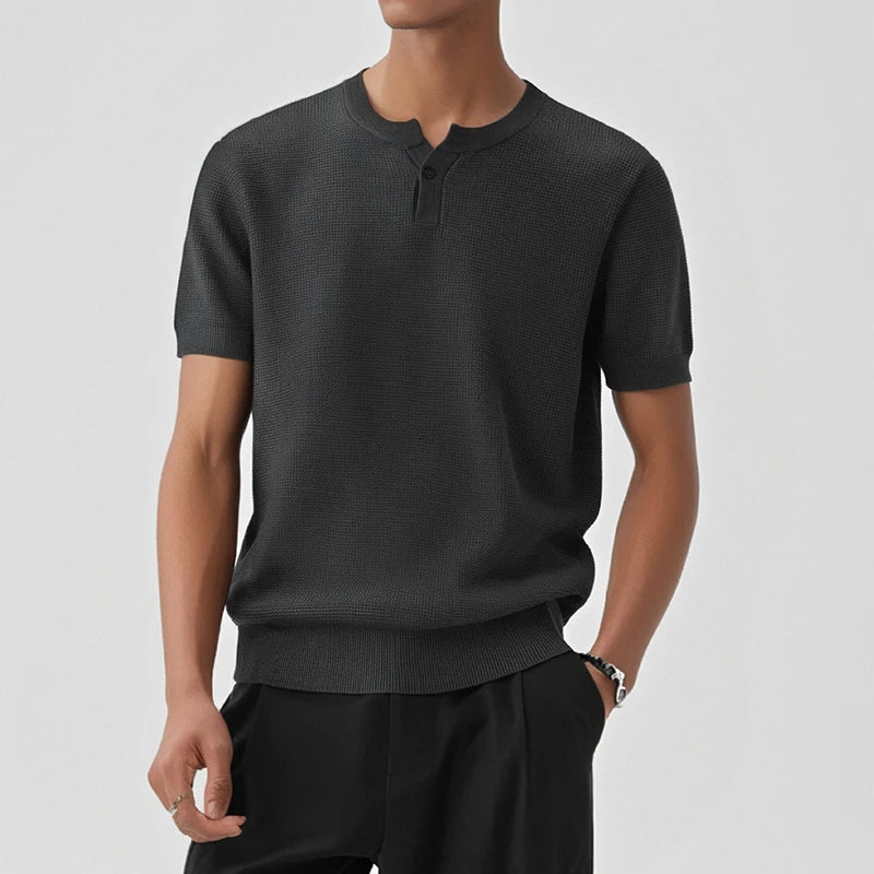 HEARUJOY  -  Vintage Men's Henley Neck Knit T Shirts Summer Casual Breathable Slim Fit Elastic Knitted Tee Men Fashion Short Sleeve Pullovers