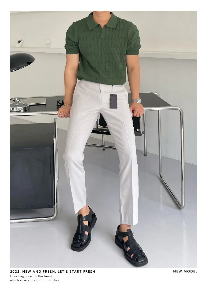 HEARUJOY  -  Summer Clothing Men's Light Luxury Knitted Jacquard Polo Shirt V-Neck Solid Color Short-sleeved Korean Popular Leisure Knitwear