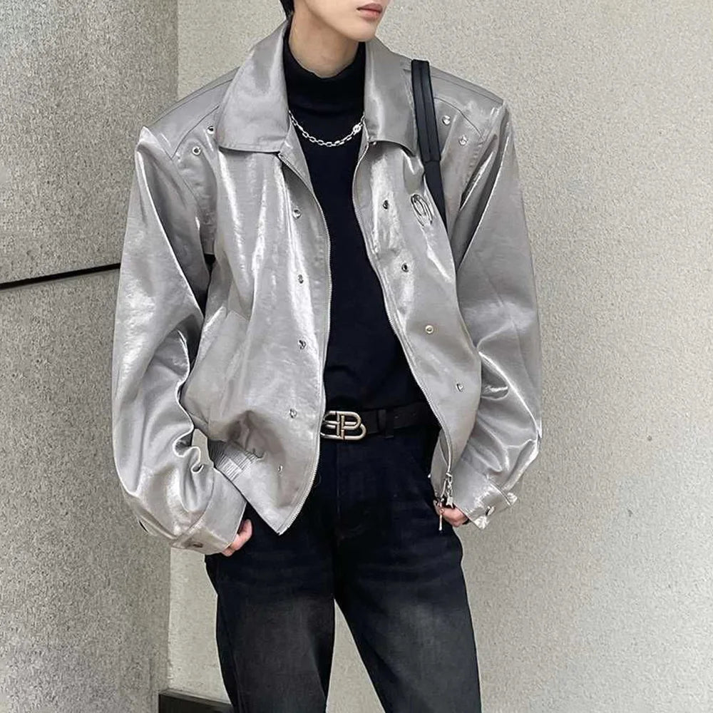 Hearujoy Men's Leather Outerwear Y2k Clothes Trend Streetwear Faux Leather Glossy Long Sleeve Jackets Motorcycle Zipper Short Tops Coat