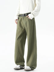 HEARUJOY  -  Korean Style Men’s Casual Pants for Spring Summer 100% Cotton Elastic Waist Solid Color Wide Leg Slacks Loose Straight Trousers
