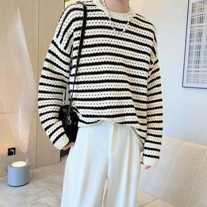Hearujoy Stripe Knit T Shirts for Men Japan Korean Male Tops Luxury 90s Vintage Pullover F Polyester Elasticity Autumn New A Clothes