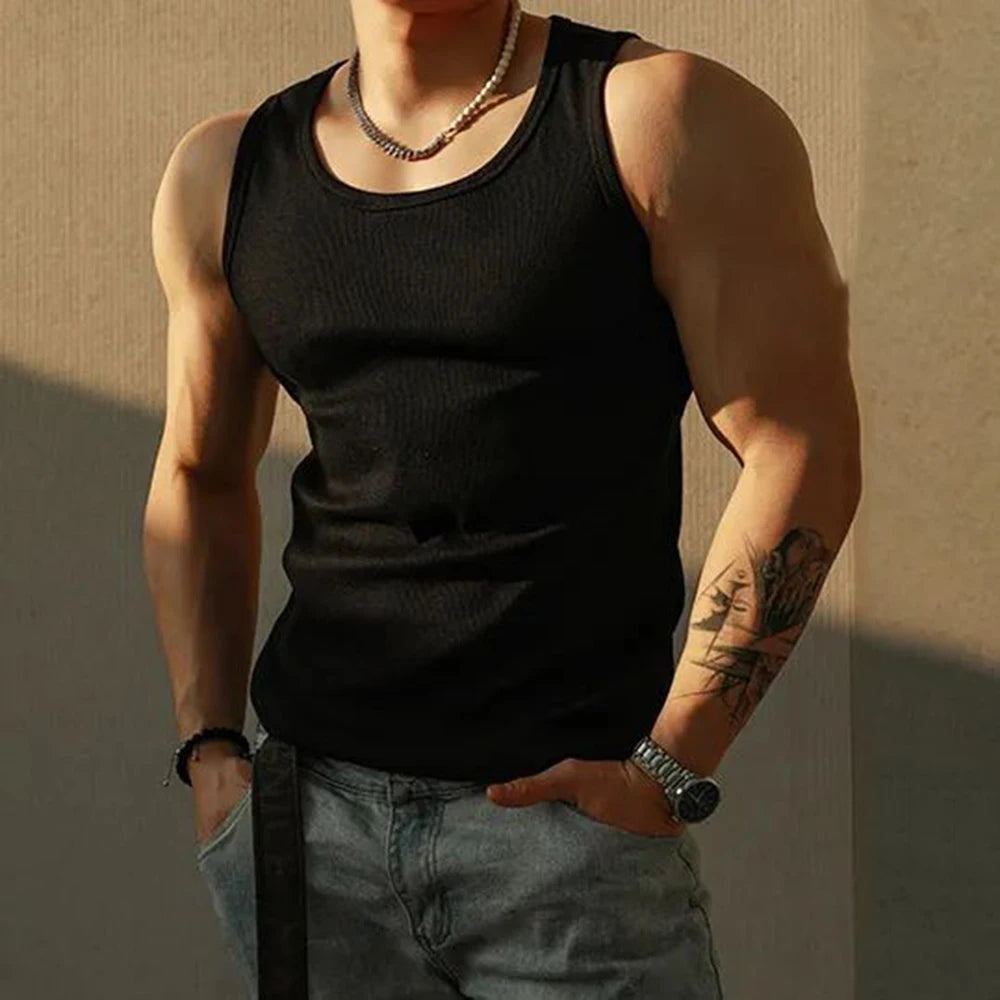 HEARUJOY  -  Mens Sexy Shaping Sports Fitness Casual Cotton Vest Genderless American Street Elastic Slim Solid Color Tank Top Unisex