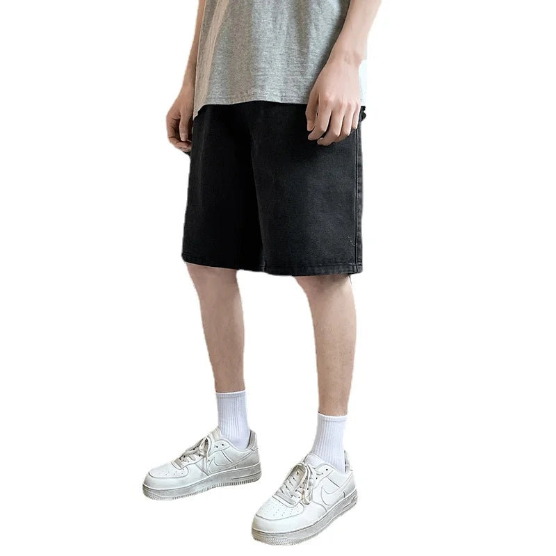 Hearujoy Summer New Men's Loose Casual Denim Shorts Elastic Waist Drawstring Black Shorts Brand Men's Clothing