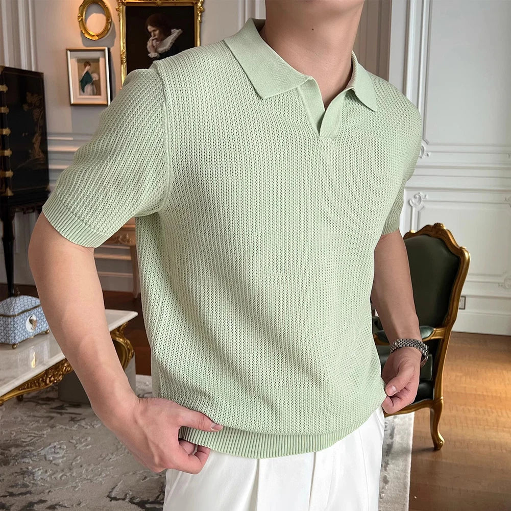 HEARUJOY  -  Casual Outings Short Sleeve Knitted Top Loose Fit Short Sleeve Top Fashion Male Clothing Slight Stretch Fabric