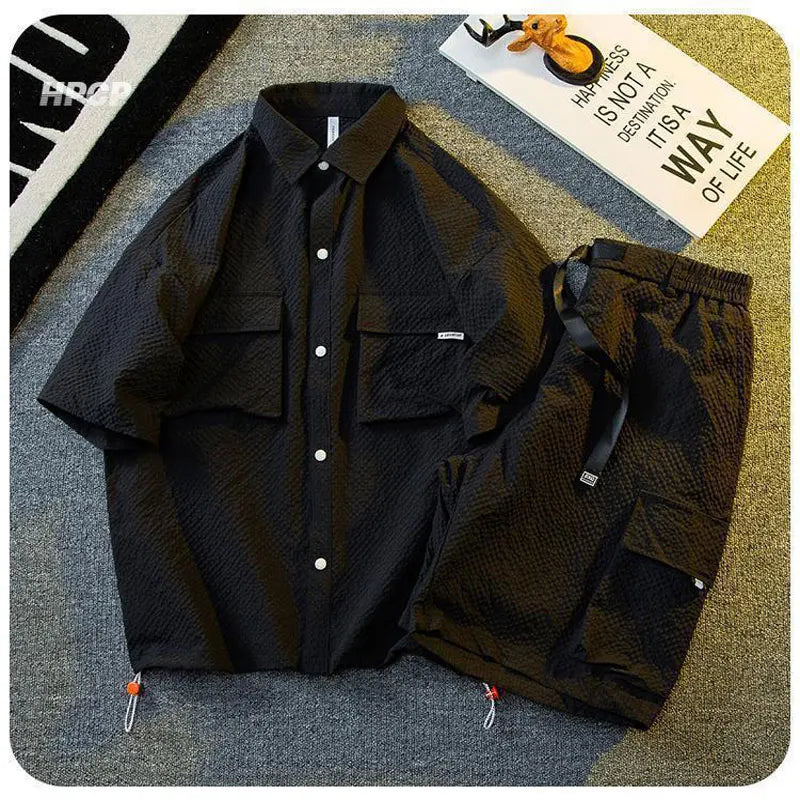 HEARUJOY  -  Texture Ice Silk Workwear Suits Men Short sleeve Shirt And Shorts Two-piece Set Summer Cool Quick Drying Loose Outfits Oversize