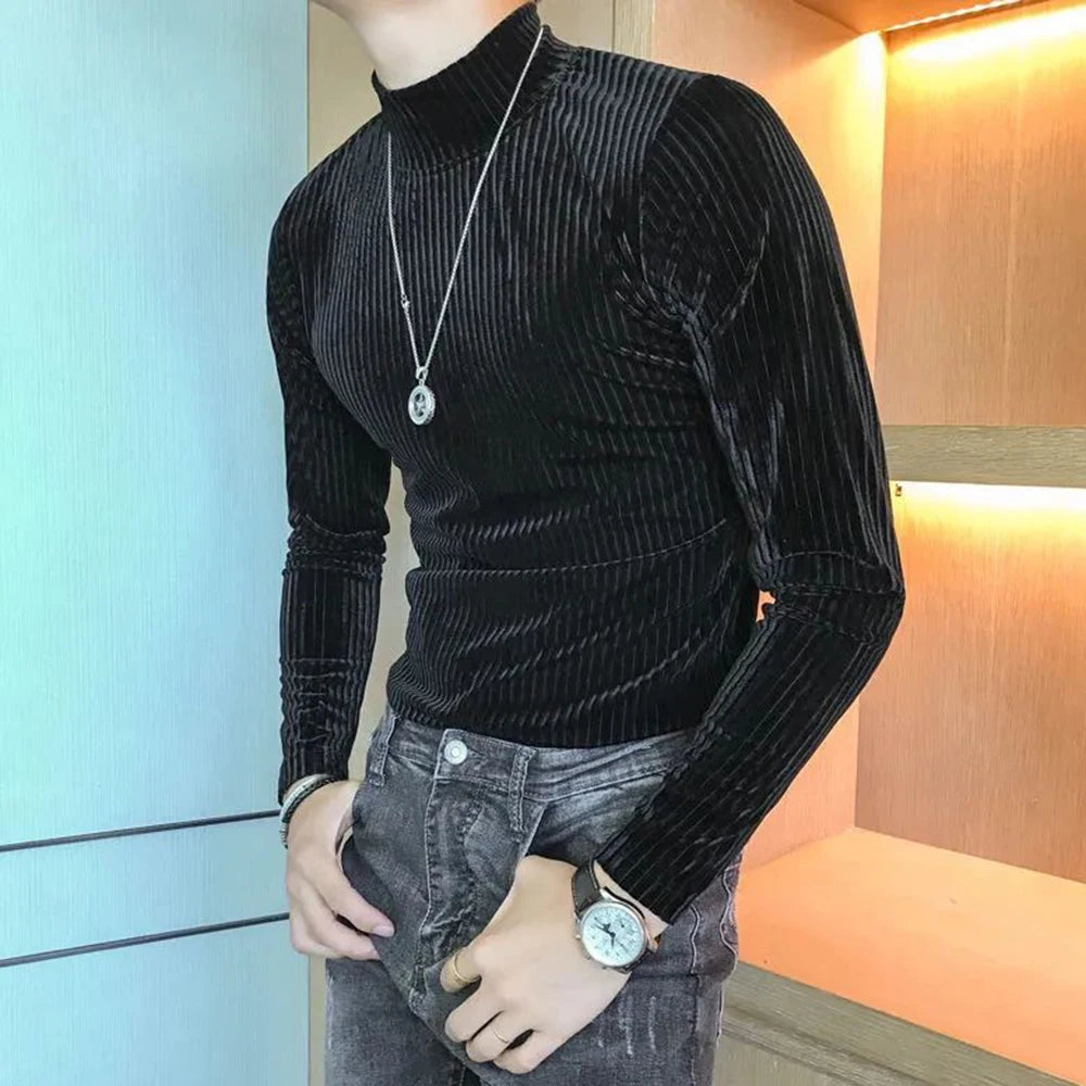 Hearujoy Velvet Turtleneck T-Shirt 2024 Spring Fall Slim Striped Casual Tops Men Long Sleeve Tight Tee Shirts Club Costume Camiseta Homme