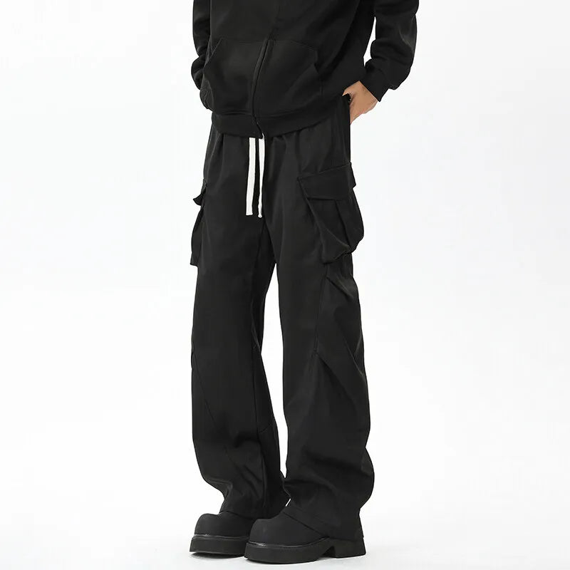 HEARUJOY  -  Pocket Casual Pants Men Retro Black Cargo Pants Men Japanese Streetwear Hip-hop Loose Straight Pants Mens Vintage Trousers