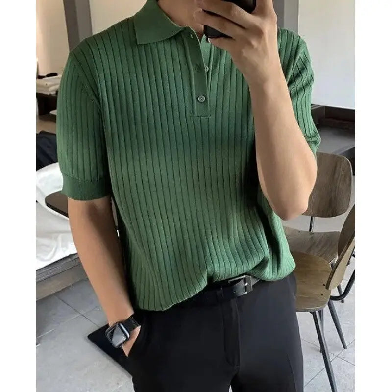 HEARUJOY  -  Summer Short Sleeved T-shirt Men Slim Fit Fashion Casual Knitted T Shirt Men Streetwear Korean White Lapel T Shirt Mens Top
