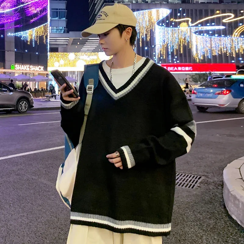 HEARUJOY  -  Autumn Winter New Men's Korean Loose Knitted V-neck Casual Sweater Outdoor Fashion Trend Comfortable Breathable Hoodie