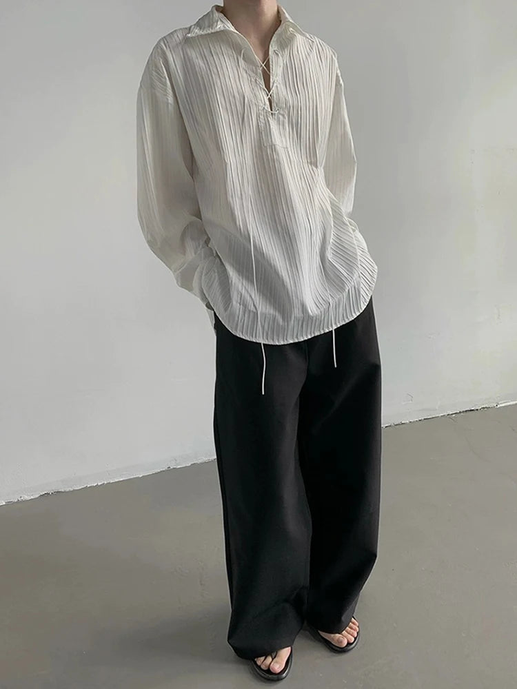 HEARUJOY  -  Vintage Drawstring Lace-up Lapel Shirt Mens Spring Autumn Fashion Long Sleeve Ribbed Polo Shirts Casual Textured Pullover Tops