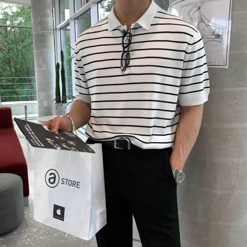 HEARUJOY  -  Summer Men's Clothing Leisure Light Luxury Knitted Polo Shirt Korean Striped Short Sleeve Retro Breathable Fashion Knitwear
