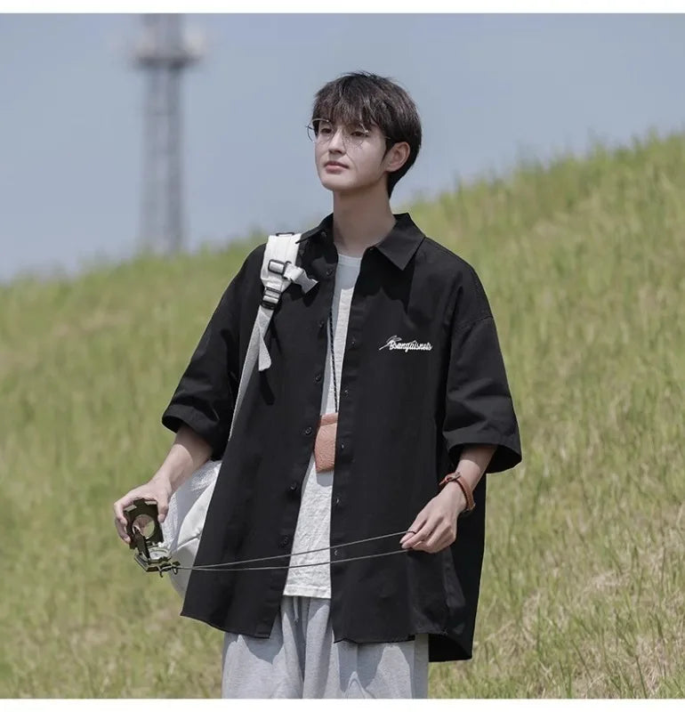 HEARUJOY  -  Retro Japanese Men's Casual Short Sleeve Shirt Spring Summer Loose Fit Versatile Youth Button Loose Half Sleeve Blouse Shirts