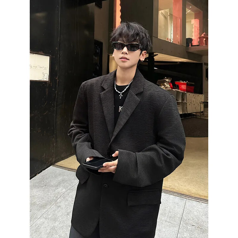 HEARUJOY  -  Brown Blazer Men Fashion Society Mens Black Dress Jacket Korean Loose Casual Pleated Suit Jacket Mens Office Formal Jackets
