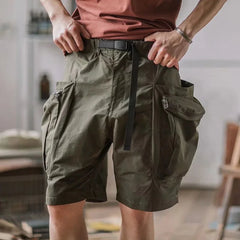 Hearujoy Summer Cargo Pants Men's Vintage Belt Design Safari Style Shorts Fashion Casual Baggy Pocket Zipper Sports Knee Length Trousers