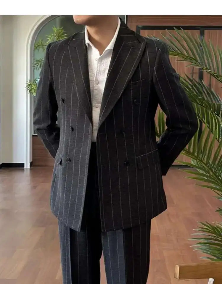 HEARUJOY  -  Men Suit Designers Slim Fit Business Casual Striped Double Breasted Suit Set Trend Traje Novio 2025 Men Tuxedo Suit Grooms Suit