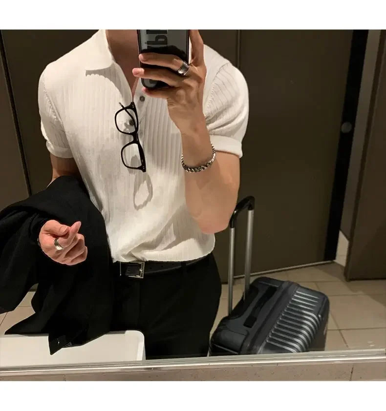 HEARUJOY  -  Lapel Polo Shirt Short-sleeved Men's Trendy Brand Loose Casual Summer Thin Solid Color Knitted Sweater T-shirt Base Shirt