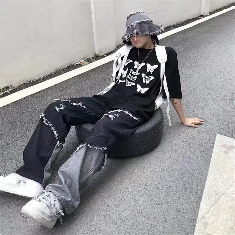 HEARUJOY  -  Mens Jeans Pants With Hole Casual Vintage Straight Leg Korean Fashion Streetwear Harajuku Trousers