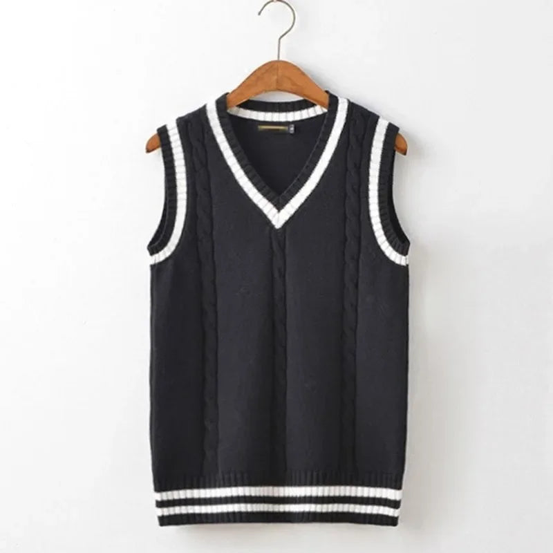 HEARUJOY  -  Striped White Knitted Sweaters for Men Blue Sleeveless Man Clothes V Neck Vest Red Waistcoat Jumpers Sweat-shirt Cigaret Cotton