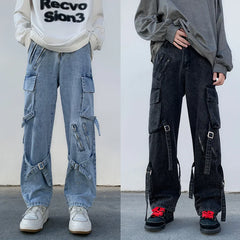 Hearujoy 2024 New Men Jeans Wide Leg Denim Cargo jean pants Gothic Straight Baggy hip hop Streetwear Skateboard Neutral denim Trousers