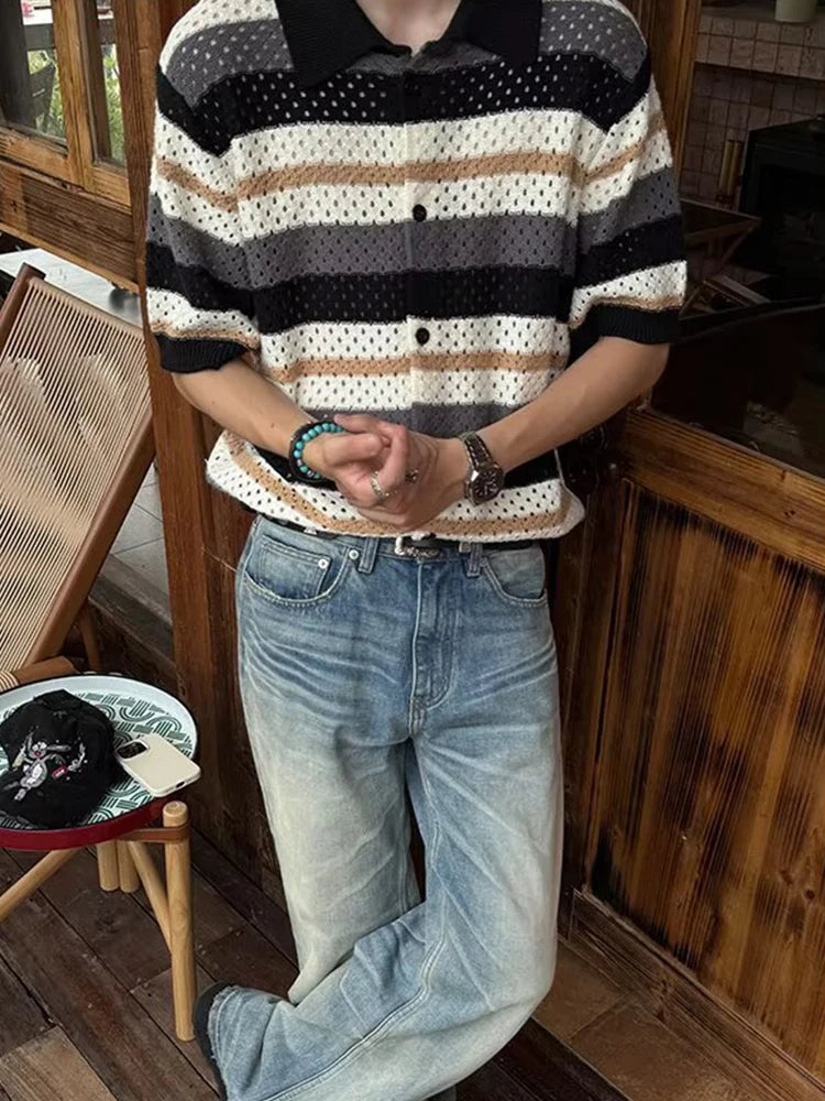 HEARUJOY  -  Ice Silk Knitting Shirts Mens 2025 Summer New Casual Striped Knit Cardigan Tops Men Clothing Vintage Buttoned Short Sleeve Shirt