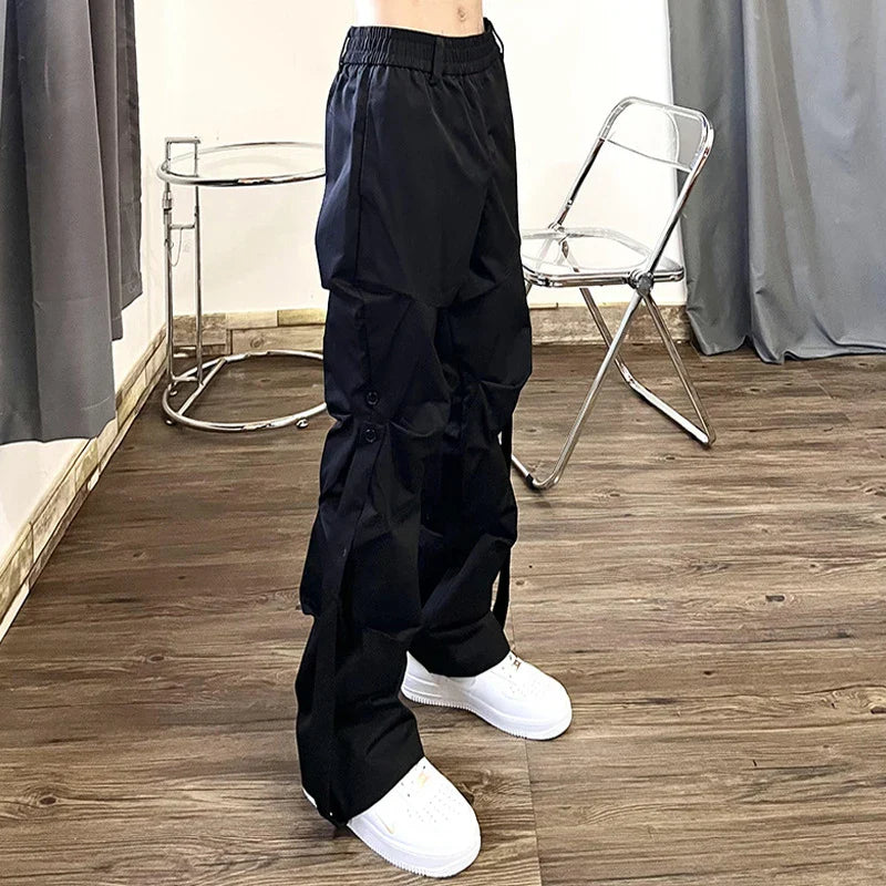 Hearujoy High Street Pleated Overalls Men's Pants Fashion Loose Straight Button Casual Male Trousers Solid Color Darkwear 9A6007