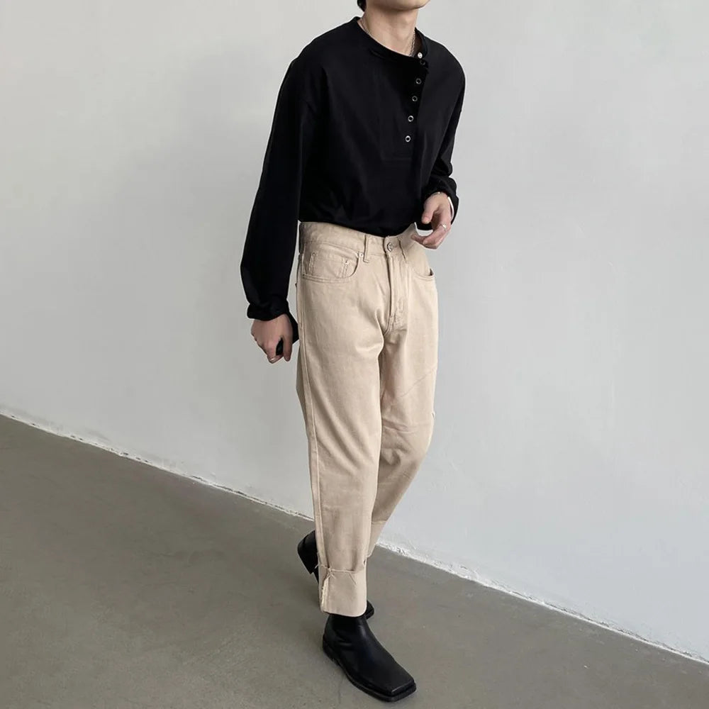 HEARUJOY  -  Mens T-Shirt Side Placket Casual T-Shirt Autumn Streetwear Personality Niche Versatile Long-Sleeved Top Men'S Clothing