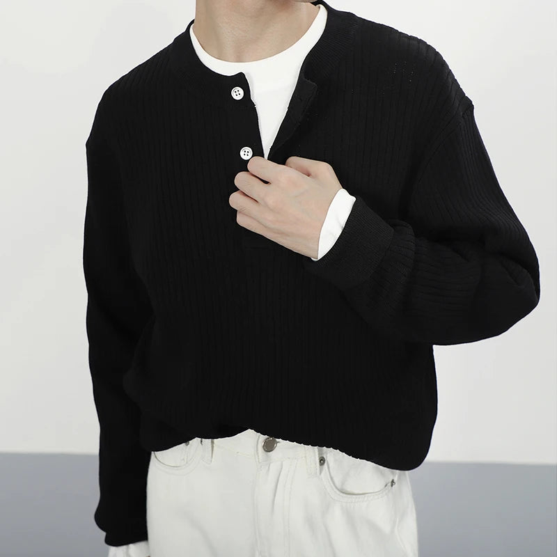 HEARUJOY  -  Stylish Men's Knitting Pullover Tops Autumn Daily Casual Long Sleeve O Neck Button Sweaters For Men Fashion Solid Color Sweater