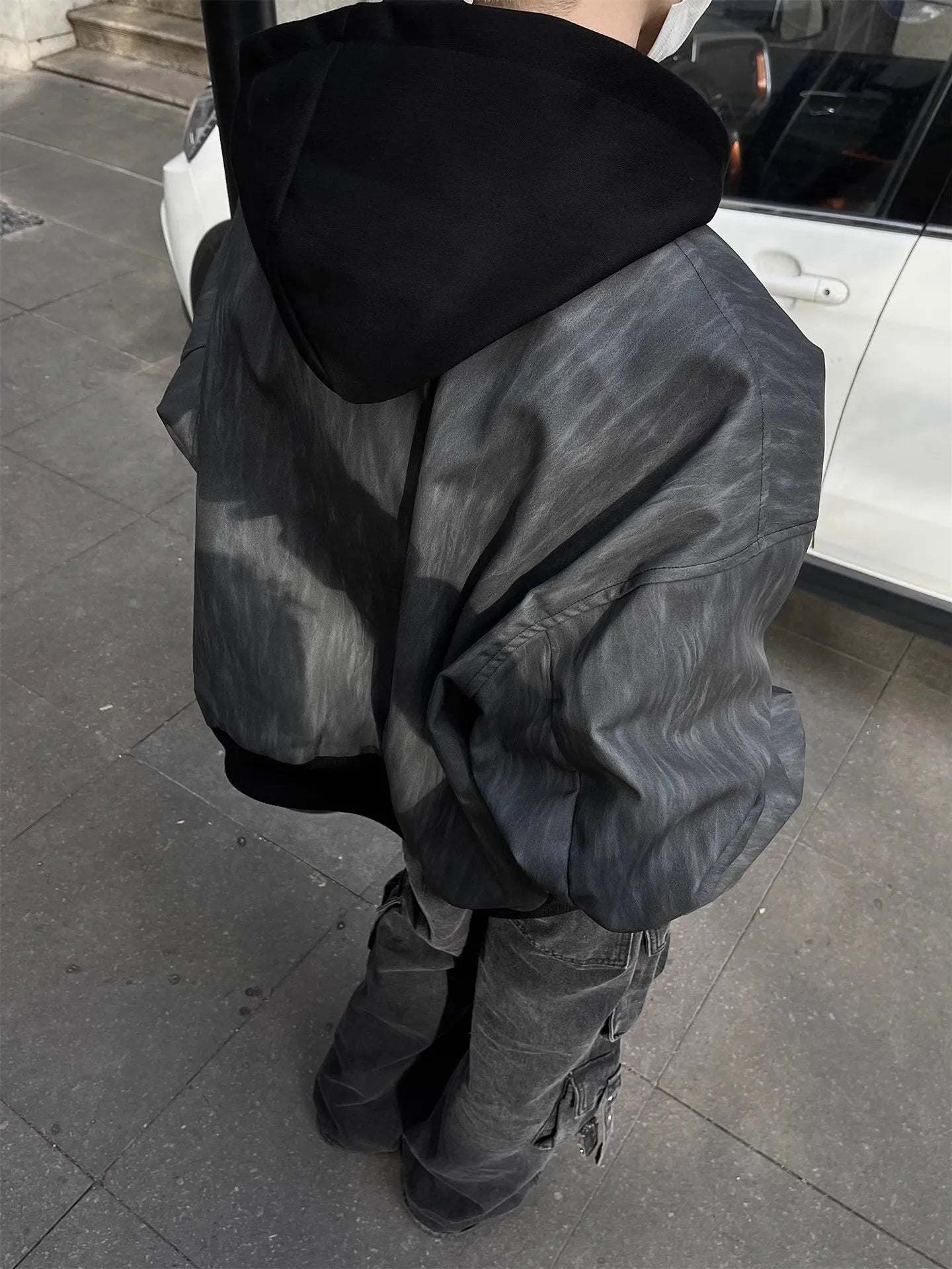 HEARUJOY  -  Mens Hooded PU Leather Jacket Fashion Gradient Color Retro Coat Zipper Men's Motorcycle Zipper Outwear Spring High Street Coat