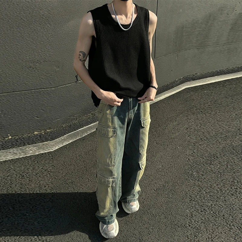 Hearujoy Men's Leisure Knit Tank Tops Sleeveless Streetwear Solid Color Breathable Korean Popular Fashion Retro Loose Inner Clothes M-3XL